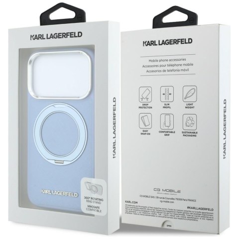 Etui Karl Lagerfeld Ring Stand 360 Saffiano Classic Logo MagSafe do iPhone 18 Pro Max / 17 Pro Max jasnoniebieski