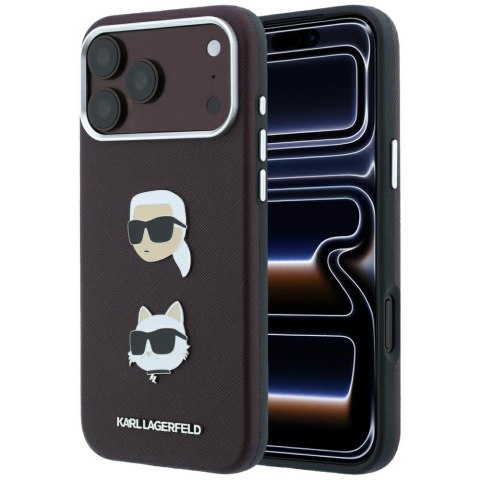 Etui Karl Lagerfeld Saffiano with Karl & Choupette Heads Pins & Logo do iPhone 18 Pro / 17 Pro burgundowy