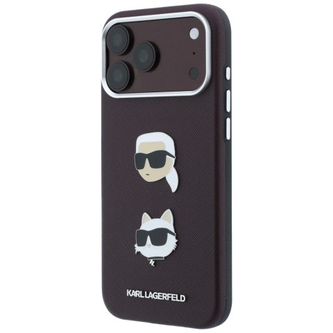 Etui Karl Lagerfeld Saffiano with Karl & Choupette Heads Pins & Logo do iPhone 18 Pro / 17 Pro burgundowy
