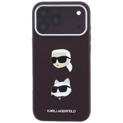 Etui Karl Lagerfeld Saffiano with Karl & Choupette Heads Pins & Logo do iPhone 18 Pro / 17 Pro burgundowy