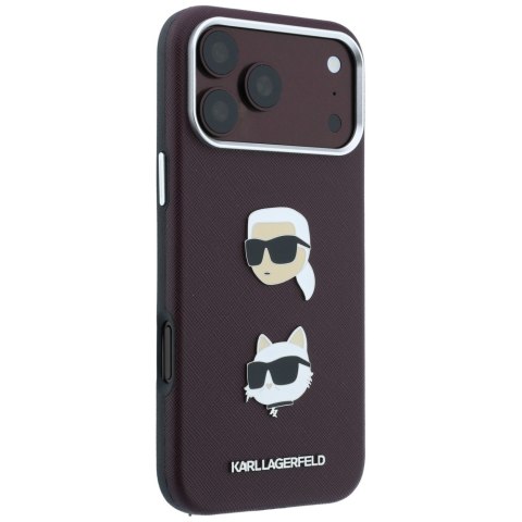Etui Karl Lagerfeld Saffiano with Karl & Choupette Heads Pins & Logo do iPhone 18 Pro / 17 Pro burgundowy