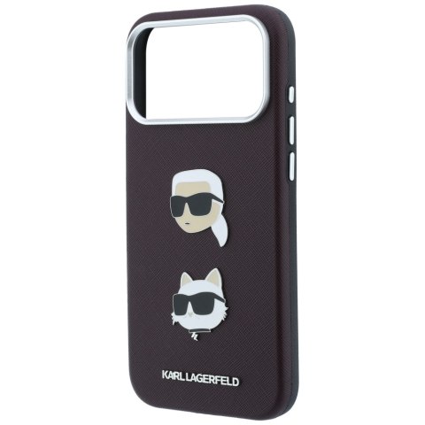 Etui Karl Lagerfeld Saffiano with Karl & Choupette Heads Pins & Logo do iPhone 18 Pro / 17 Pro burgundowy