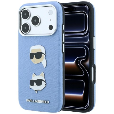 Etui Karl Lagerfeld Saffiano with Karl & Choupette Heads Pins & Logo do iPhone 18 Pro Max / 17 Pro Max jasnoniebieski