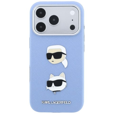Etui Karl Lagerfeld Saffiano with Karl & Choupette Heads Pins & Logo do iPhone 18 Pro Max / 17 Pro Max jasnoniebieski