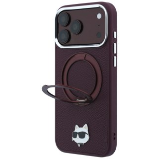 Etui Karl Lagerfeld with Ring Stand 360 Choupette Head Pin MagSafe do iPhone 18 Pro / 17 Pro burgundowy