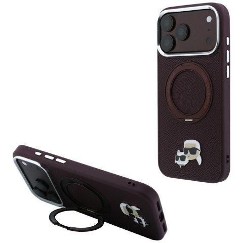 Etui Karl Lagerfeld with Ring Stand 360 Karl & Choupette Heads Pin MagSafe do iPhone 18 Pro / 17 Pro burgundowy