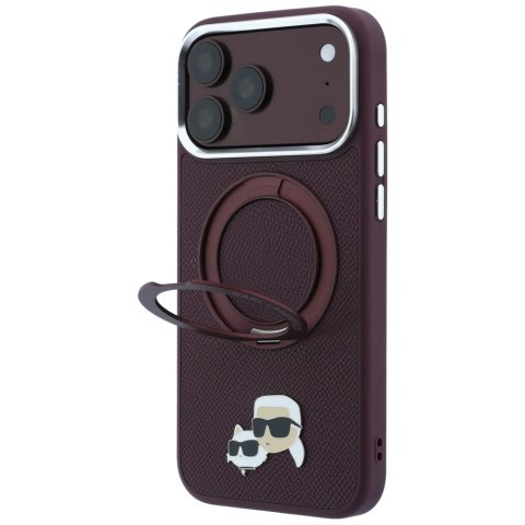 Etui Karl Lagerfeld with Ring Stand 360 Karl & Choupette Heads Pin MagSafe do iPhone 18 Pro / 17 Pro burgundowy