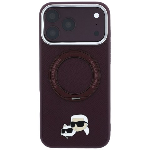 Etui Karl Lagerfeld with Ring Stand 360 Karl & Choupette Heads Pin MagSafe do iPhone 18 Pro / 17 Pro burgundowy