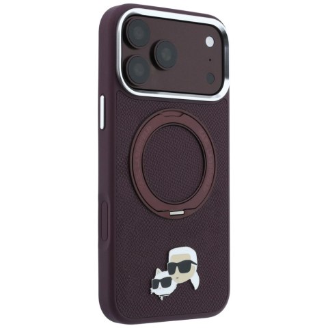 Etui Karl Lagerfeld with Ring Stand 360 Karl & Choupette Heads Pin MagSafe do iPhone 18 Pro / 17 Pro burgundowy