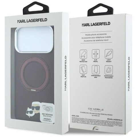 Etui Karl Lagerfeld with Ring Stand 360 Karl & Choupette Heads Pin MagSafe do iPhone 18 Pro / 17 Pro burgundowy