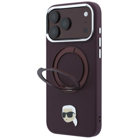 Etui Karl Lagerfeld with Ring Stand 360 Karl Head Pin MagSafe do iPhone 18 Pro / 17 Pro burgundowy