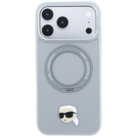 Etui Karl Lagerfeld with Ring Stand 360 Karl Head Pin MagSafe do iPhone 18 Pro / 17 Pro szary