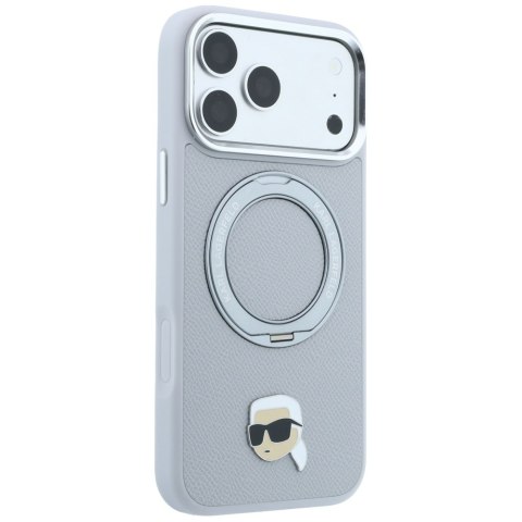 Etui Karl Lagerfeld with Ring Stand 360 Karl Head Pin MagSafe do iPhone 18 Pro / 17 Pro szary