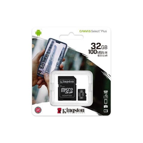 Kingston karta pamięci 32GB microSDHC Canvas Select Plus kl. 10 UHS-I 100 MB/s + adapter Kingston karta pamięci 32GB microSDHC Canvas Select Plus kl. 10 UHS-I 100 MB/s + adapter