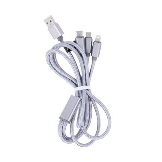 Maxlife kabel 3w1 USB - Lightning + USB-C + microUSB 1,0 m 2,1A szary nylonowy