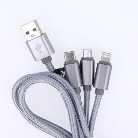 Maxlife kabel 3w1 USB - Lightning + USB-C + microUSB 1,0 m 2,1A szary nylonowy Maxlife kabel 3w1 USB - Lightning + USB-C + microUSB 1,0 m 2,1A szary nylonowy