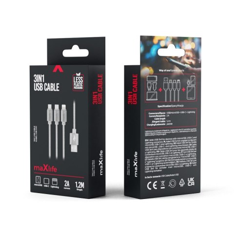 Maxlife kabel 3w1 USB - Lightning + USB-C + microUSB 1,0 m 2,1A szary nylonowy Maxlife kabel 3w1 USB - Lightning + USB-C + microUSB 1,0 m 2,1A szary nylonowy