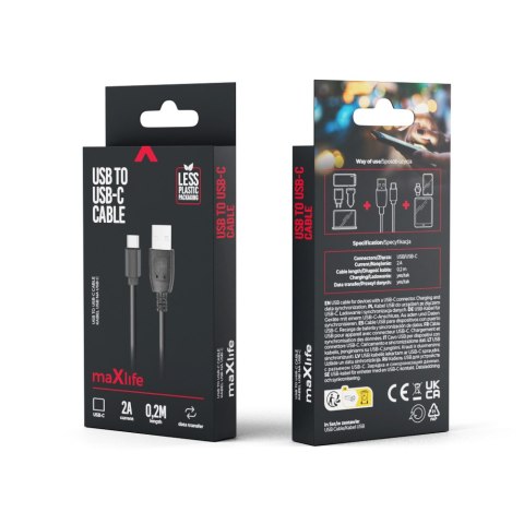 Maxlife kabel USB - USB-C 0,2 m 2A czarny Maxlife kabel USB - USB-C 0,2 m 2A czarny