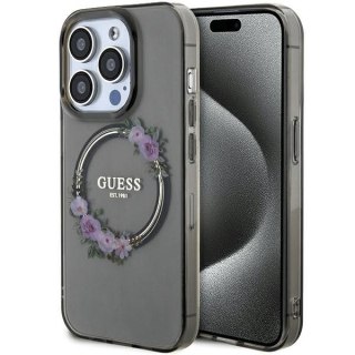 Guess nakładka do iPhone 15 Pro 6,1" GUHMP15LHFWFCK czarna HC MAGSAFE IML FLOWERS WREATH