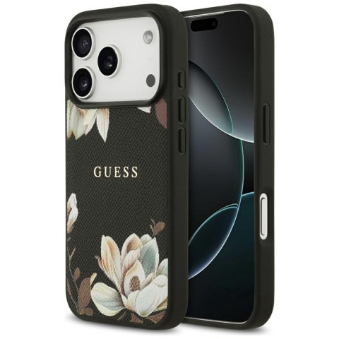 Guess nakładka Grained Flowers Classic Logo MagSafe do iPhone 17 Pro czarna