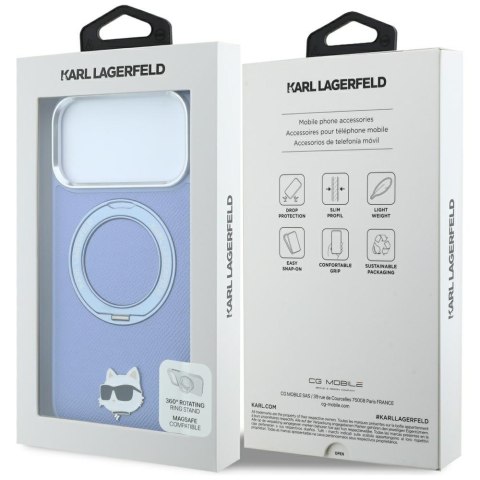 Etui Karl Lagerfeld with Ring Stand 360 Choupette Head Pin MagSafe do iPhone 18 Pro Max / 17 Pro Max jasnoniebieski