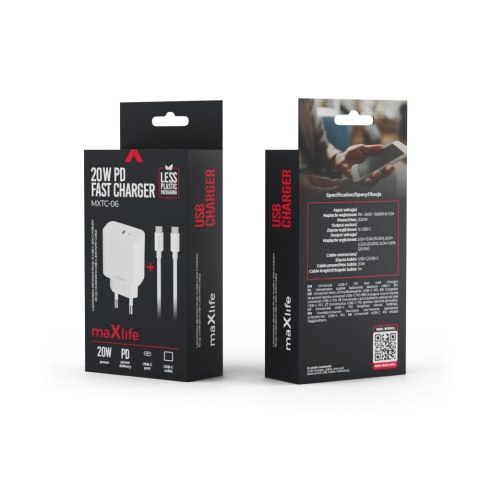 Maxlife ładowarka sieciowa PD QC MXTC-06-20C 1x USB-C 20W biała + kabel USB-C - USB-C 20W Maxlife ładowarka sieciowa PD QC MXTC-06-20C 1x USB-C 20W biała + kabel USB-C - USB-C 20W