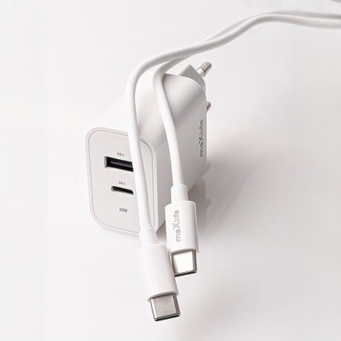 Maxlife ładowarka sieciowa PD QC MXTC-06-30AC 1x USB-C 1x USB 30W biała + kabel USB-C - USB-C 60W Maxlife ładowarka sieciowa PD QC MXTC-06-30AC 1x USB-C 1x USB 30W biała + kabel USB-C - USB-C 60W