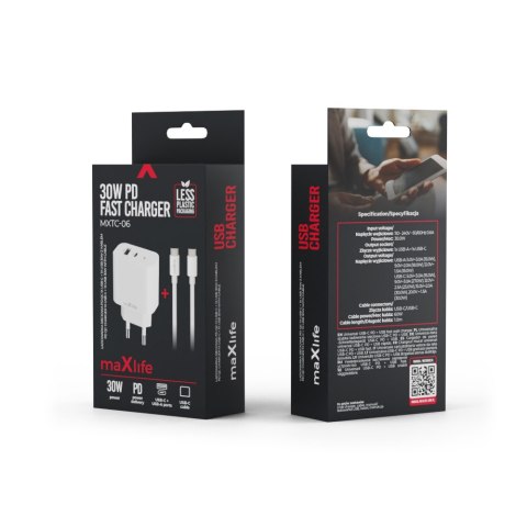 Maxlife ładowarka sieciowa PD QC MXTC-06-30AC 1x USB-C 1x USB 30W biała + kabel USB-C - USB-C 60W Maxlife ładowarka sieciowa PD QC MXTC-06-30AC 1x USB-C 1x USB 30W biała + kabel USB-C - USB-C 60W