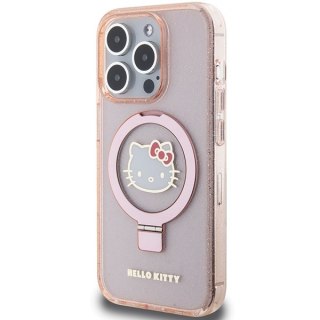 Nakładka Hello Kitty do iPhone 15 Pro 6,1" różowa hardcase Ring Stand Glitter Electrop Logo MagSafe