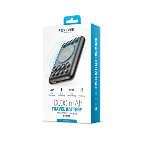 Forever power bank bezprzewodowy WTB-100 PD QC 18W 10000 mAh czarny z przyssawkami Forever power bank bezprzewodowy WTB-100 PD QC 18W 10000 mAh czarny z przyssawkami