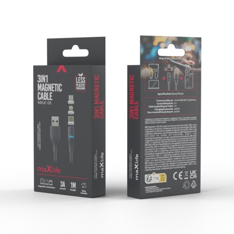 Maxlife kabel magnetyczny MXUC-03 USB - Lightning + USB-C + microUSB 1,0 m 3A czarny nylonowy Maxlife kabel magnetyczny MXUC-03 USB - Lightning + USB-C + microUSB 1,0 m 3A czarny nylonowy