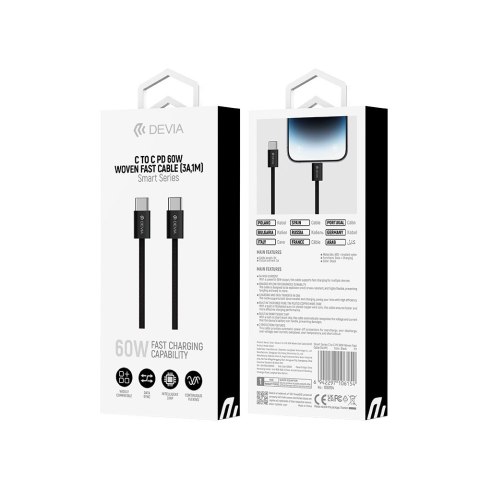 Devia kabel Smart EC325 PD USB-C - USB-C 1,0 m 60W 3A czarny Devia kabel Smart EC325 PD USB-C - USB-C 1,0 m 60W 3A czarny