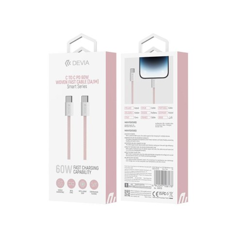 Devia kabel Smart EC325 PD USB-C - USB-C 1,0 m 60W 3A różowy Devia kabel Smart EC325 PD USB-C - USB-C 1,0 m 60W 3A różowy