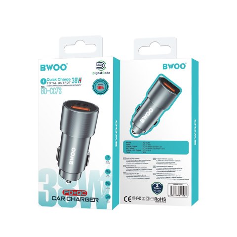 BWOO ładowarka samochodowa USB-C - USB-A 38W srebrna BO-CC73
