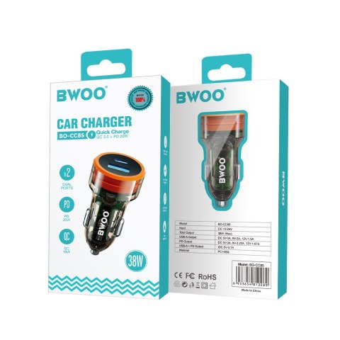 BWOO ładowarka samochodowa USB-C - USB-A 38W transparentna