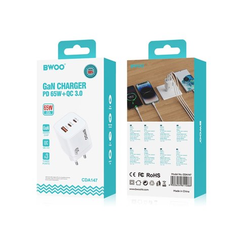 BWOO ładowarka sieciowa 2 x USB-C + USB-A 65W czarna GaN Travel Charger CDA147 BWOO ładowarka sieciowa 2 x USB-C + USB-A 65W czarna GaN Travel Charger CDA147