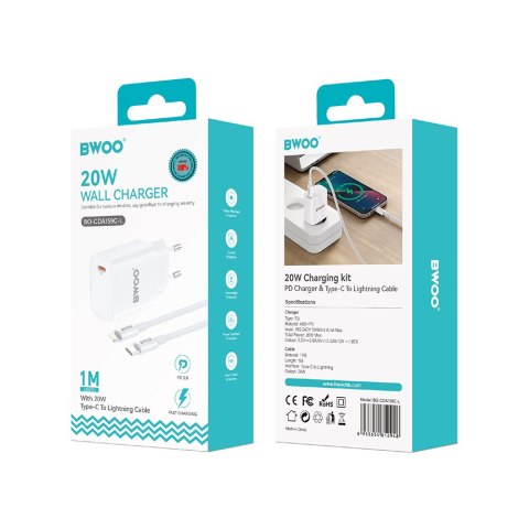 BWOO ładowarka sieciowa 20W USB-C + kabel USB-C - Lightning CDA159 biała BWOO ładowarka sieciowa 20W USB-C + kabel USB-C - Lightning CDA159 biała