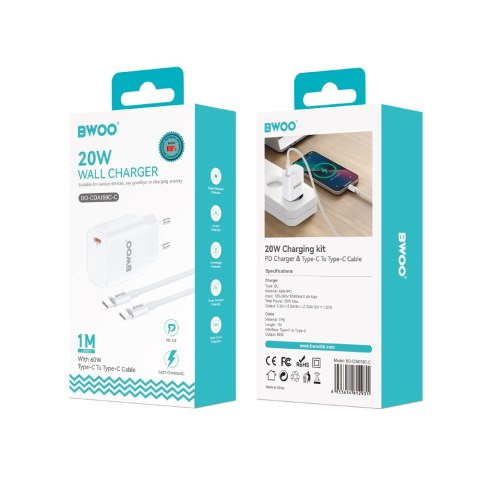 BWOO ładowarka sieciowa 20W USB-C + kabel USB-C - USB-C CDA159 biała BWOO ładowarka sieciowa 20W USB-C + kabel USB-C - USB-C CDA159 biała