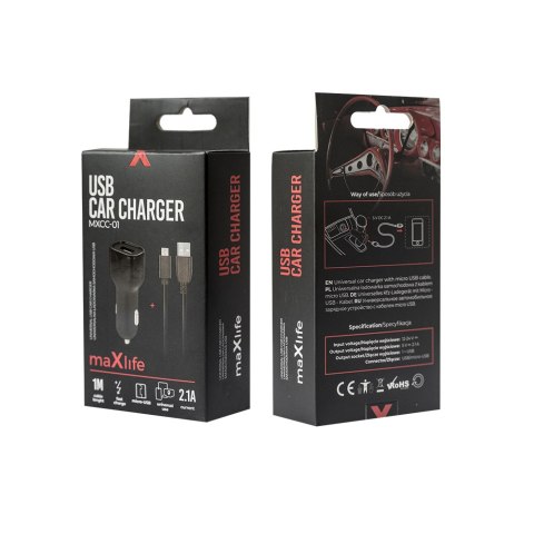 Maxlife ładowarka samochodowa MXCC-01 1x USB 2,1A czarna + kabel microUSB Maxlife ładowarka samochodowa MXCC-01 1x USB 2,1A czarna + kabel microUSB