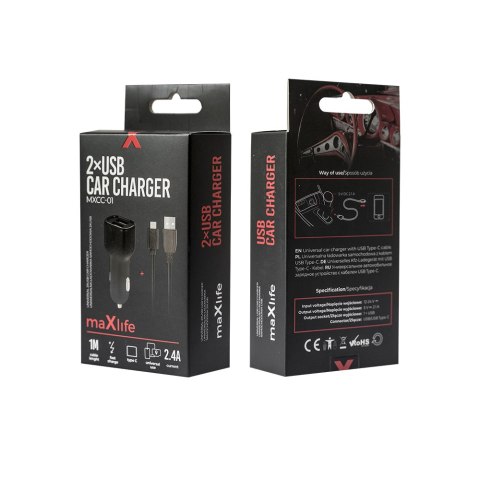 Maxlife ładowarka samochodowa MXCC-01 2x USB 2,4A czarna + kabel USB-C Maxlife ładowarka samochodowa MXCC-01 2x USB 2,4A czarna + kabel USB-C