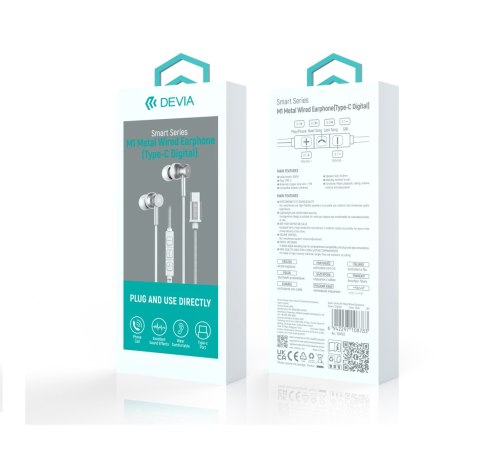 Devia słuchawki przewodowe Smart M1 Digital Metal USB-C dokanałowe srebrne