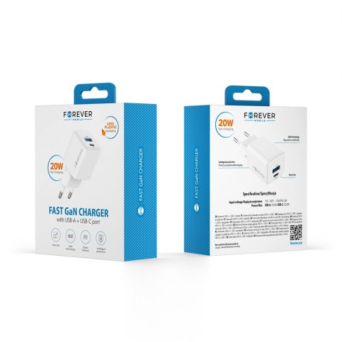 Forever ładowarka sieciowa GaN PD QC TC-08-20AC 1x USB-C 1x USB 20W biała Forever ładowarka sieciowa GaN PD QC TC-08-20AC 1x USB-C 1x USB 20W biała