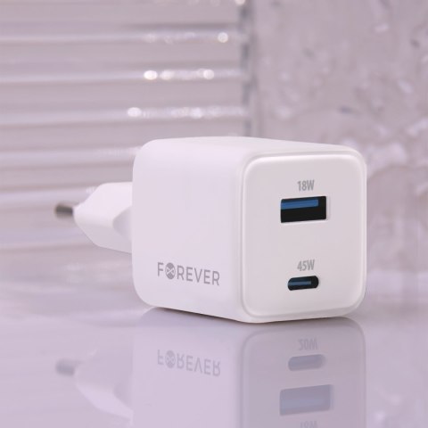 Forever ładowarka sieciowa GaN PD QC TC-08-45AC 1x USB-C 1x USB 45W biała Forever ładowarka sieciowa GaN PD QC TC-08-45AC 1x USB-C 1x USB 45W biała